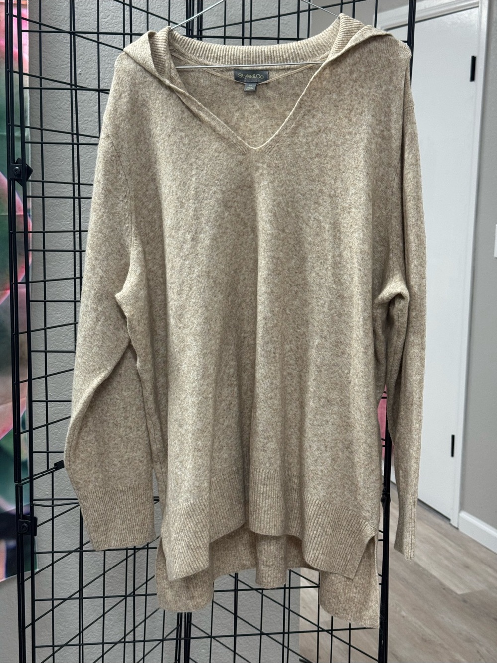 Style & Co. Hooded V-Neck Sweater in Oatmeal Beige pit 28-32 3X high low